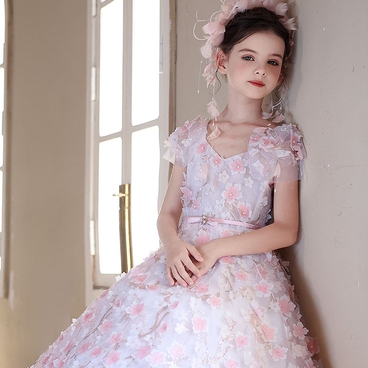 Elegant 3D Floral Pink Girl Gown Princess Style for Birthday Party J183