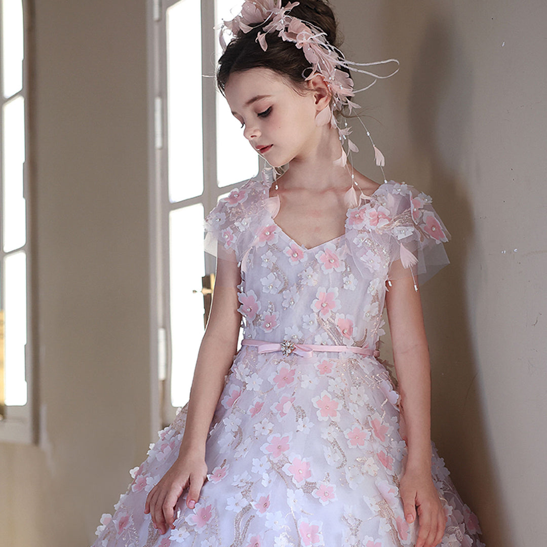 Elegant 3D Floral Pink Girl Gown Princess Style for Birthday Party J183