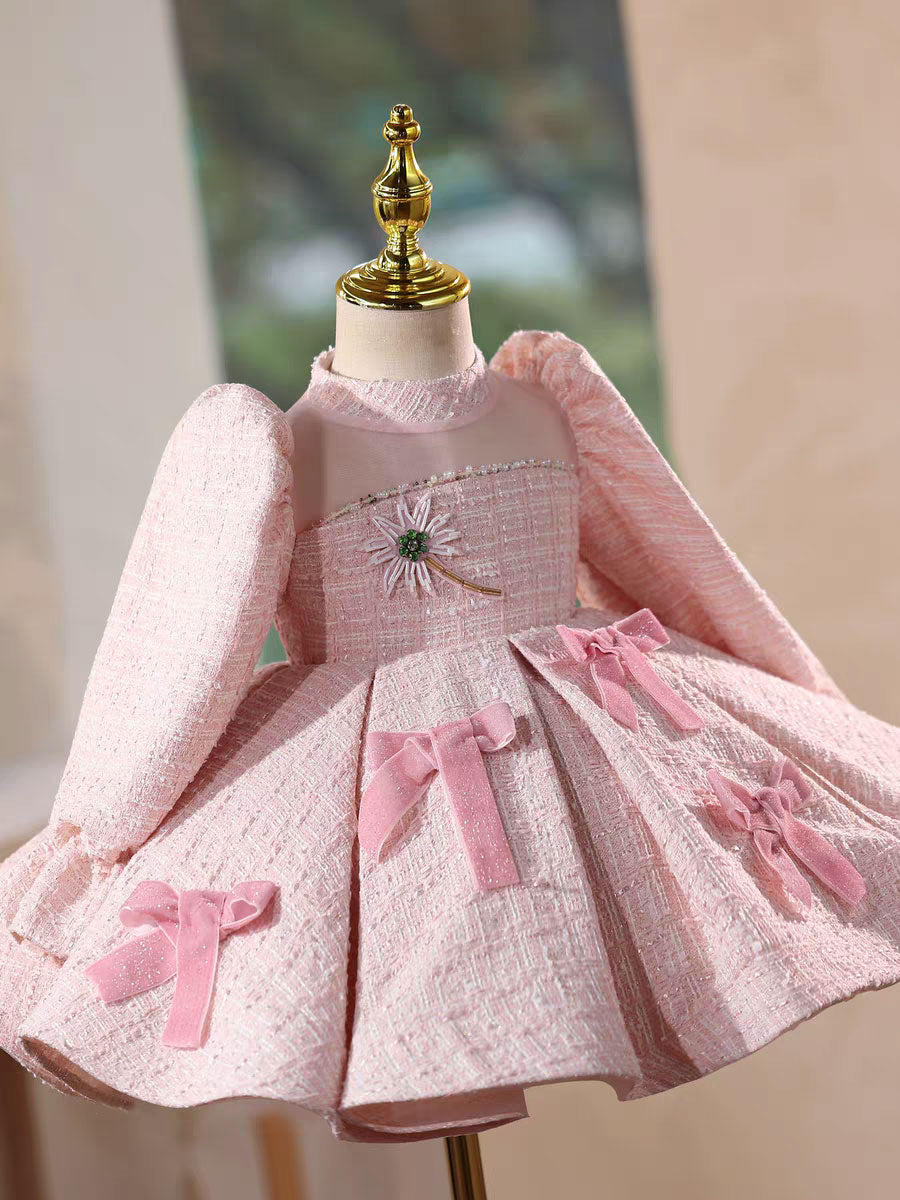 Elegant Pink Long Sleeve Princess Girl Dress for Birthday Party D205