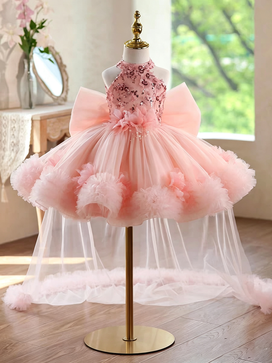 Sparkly Sage Green Princess Dress for Girls 3D Floral Party Dress J873B