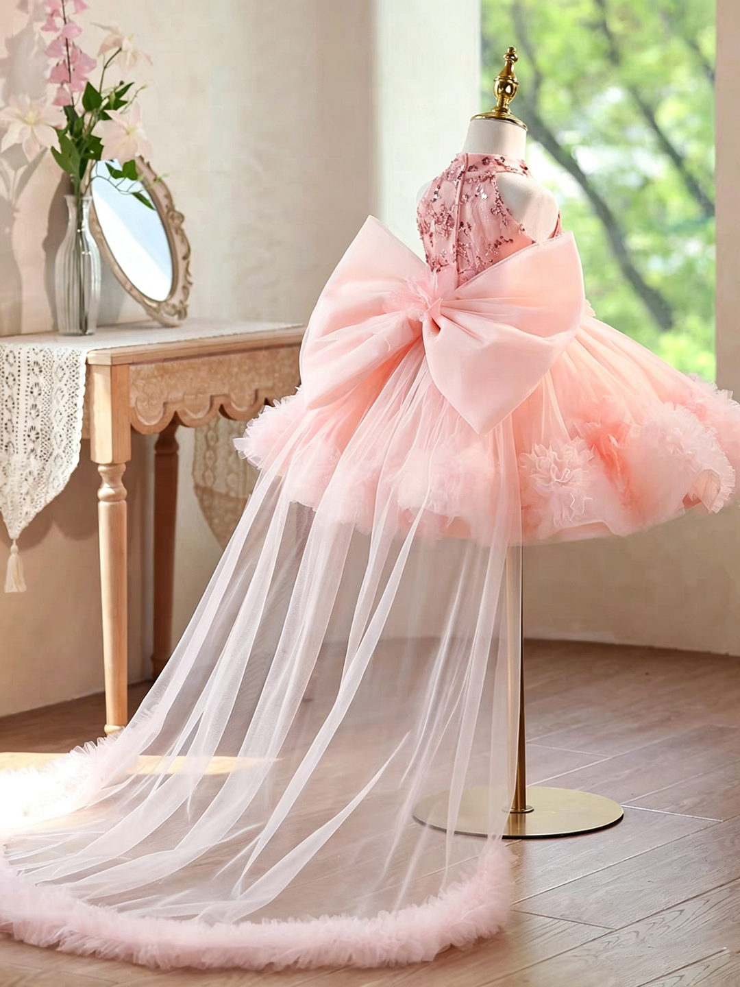 Sparkly Sage Green Princess Dress for Girls 3D Floral Party Dress J873B