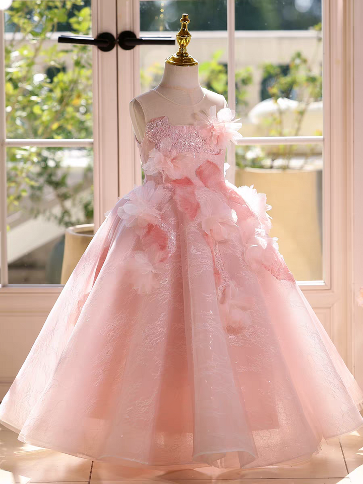 Fairy Sage Green Flower Girl Dress with 3D Floral Appliqués D009