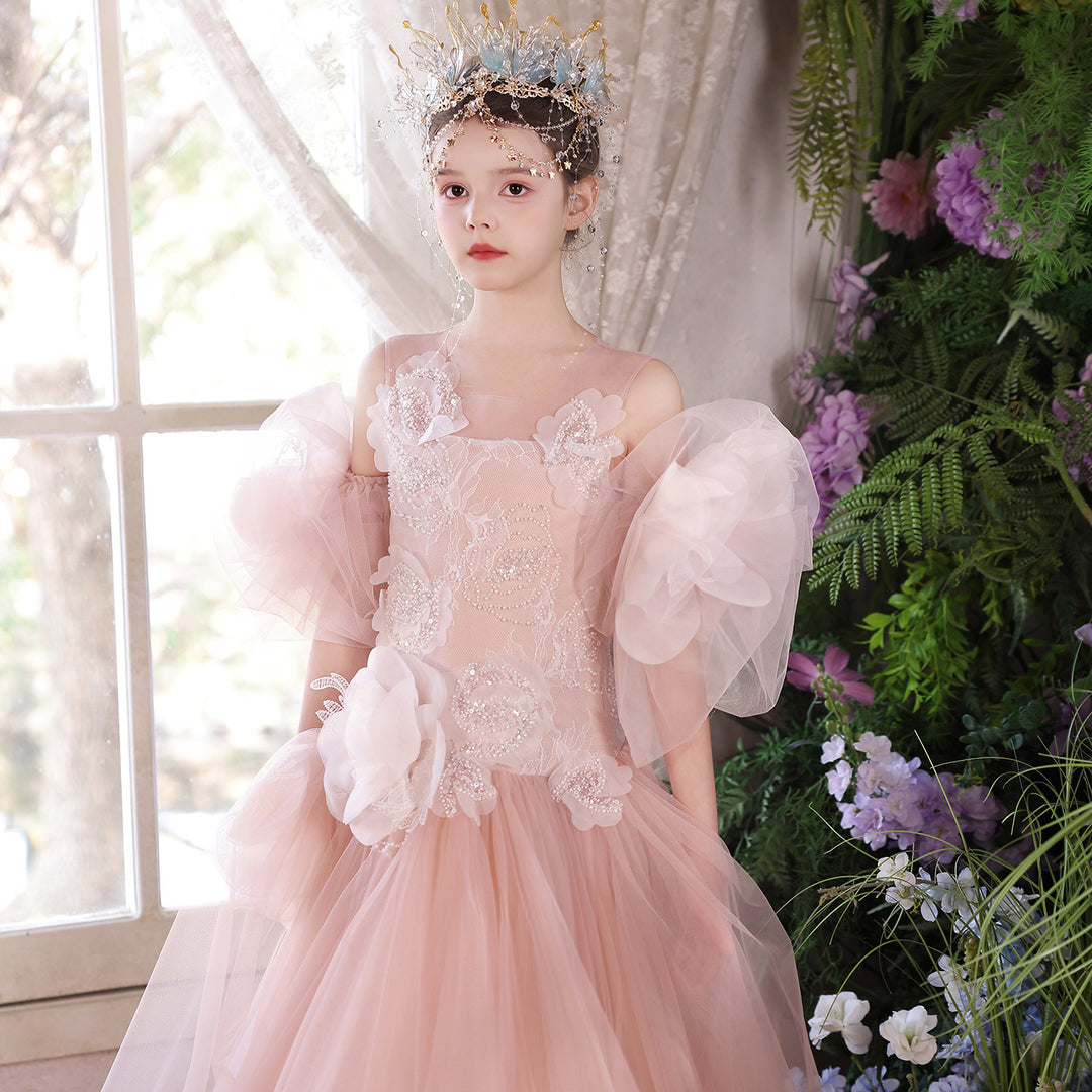 Pink Floral Lace Princess Ball Gown Flower Girl Dress J119