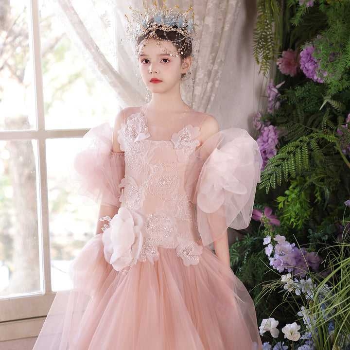 Pink Floral Lace Princess Ball Gown Flower Girl Dress J119