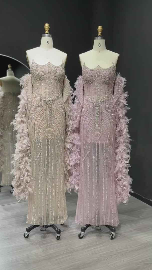 Luxury Champagne Beaded Evening Dress with Feather Shawl SS067