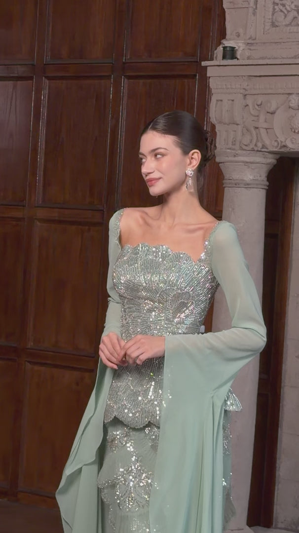 Sage Green Beaded Scalloped Evening Gown with Draped Sleeves SS235