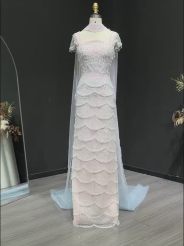 Luxury Gradient White Beaded Layered Evening Gown with Scarf SS523
