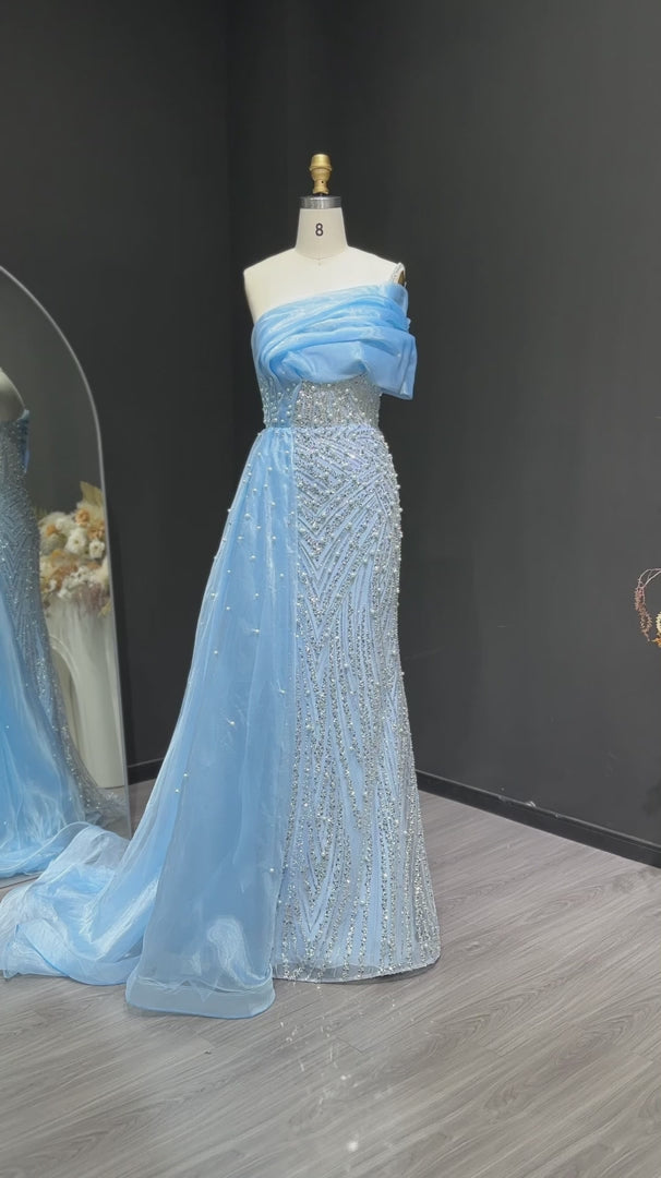 Luxury One Shoulder Blue Evening Dress with Overskirt SS644