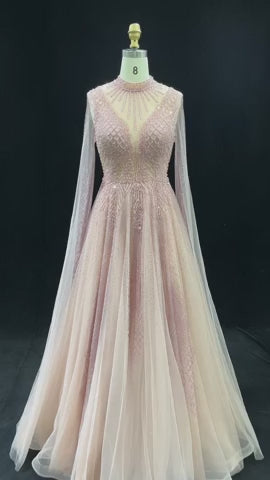 Luxury Crystal Beaded High Neck Cape Sleeve A-Line Tulle Evening Gown SS060
