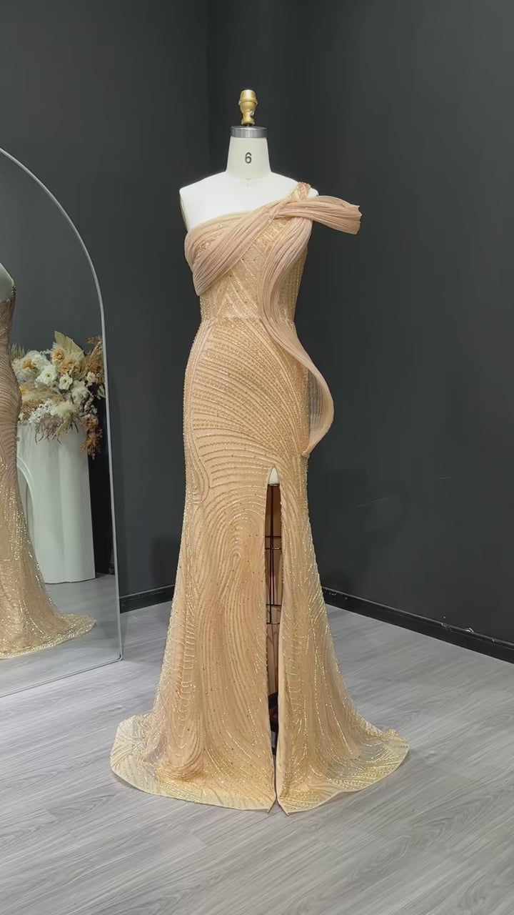 Elegant Beaded Slit Evening Dress with Sparkling Crystals SS088