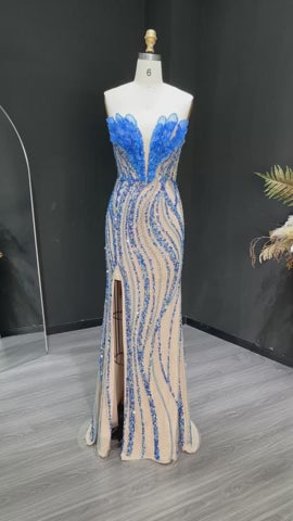 Luxury Blue Evening Dress with embellishments and slit SS133
