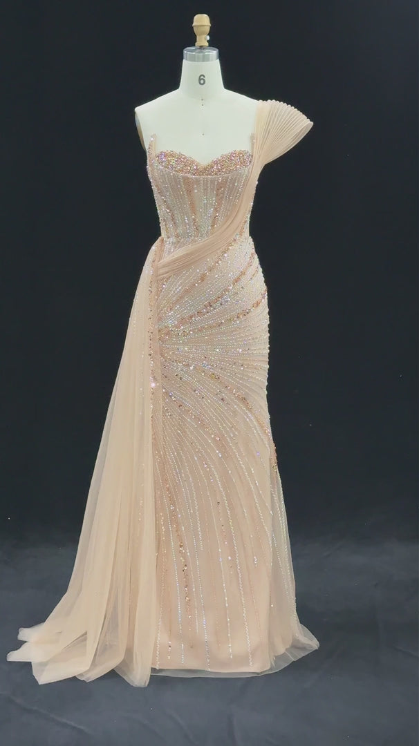Sculpted-Shoulder Beaded Corset Evening Gown SS137