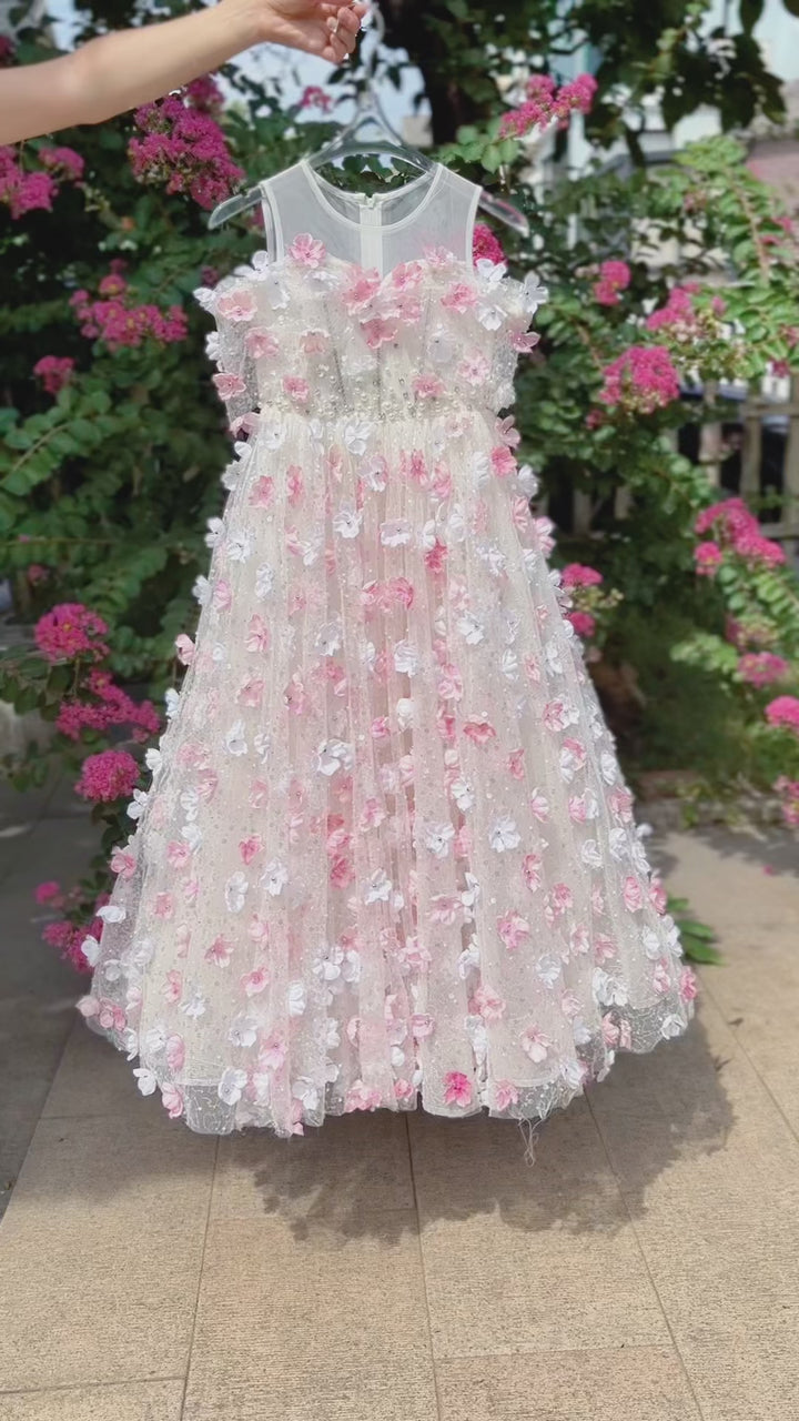 Off-Shoulder Flower-Adorned Pearled Flower Girl Dress J011