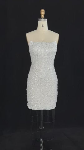 Elegant White Sequin and Pearl Strapless Mini Wedding Dress SW520
