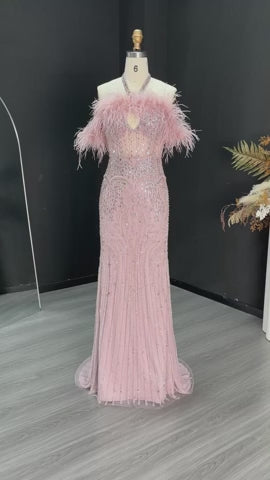 Romantic Feathered Evening Gown with Beaded Bodice Halter Neckline SS124