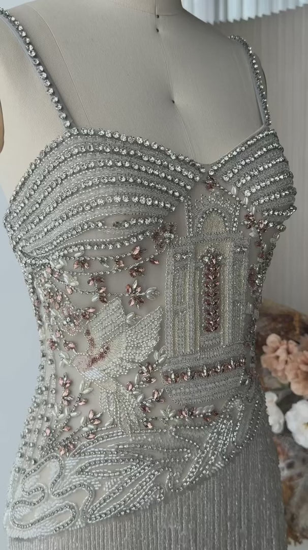 Dreamy Vow Gray Beaded Fringe Spaghetti Strap Column Evening Gown SS324