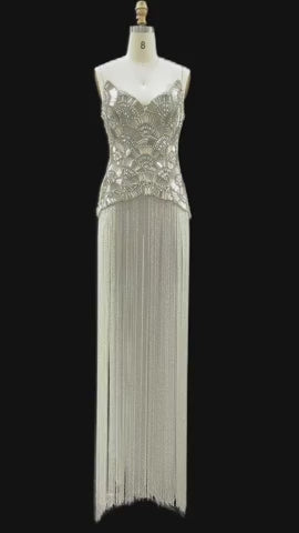 Dreamy Vow Gold Strapless Beaded Fringe Column Evening Gown SS336