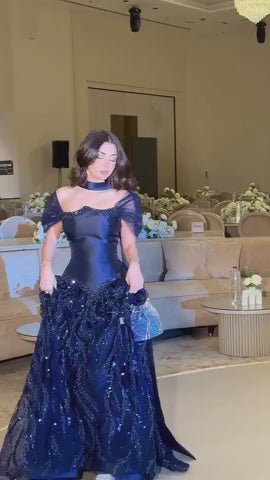 Elegant Navy Blue Sparkly Evening Dress with Crystal Sequin Scarf SS652