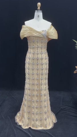 Royal Gold Crystal Beaded Evening Dress with Draped Shoulder SS217