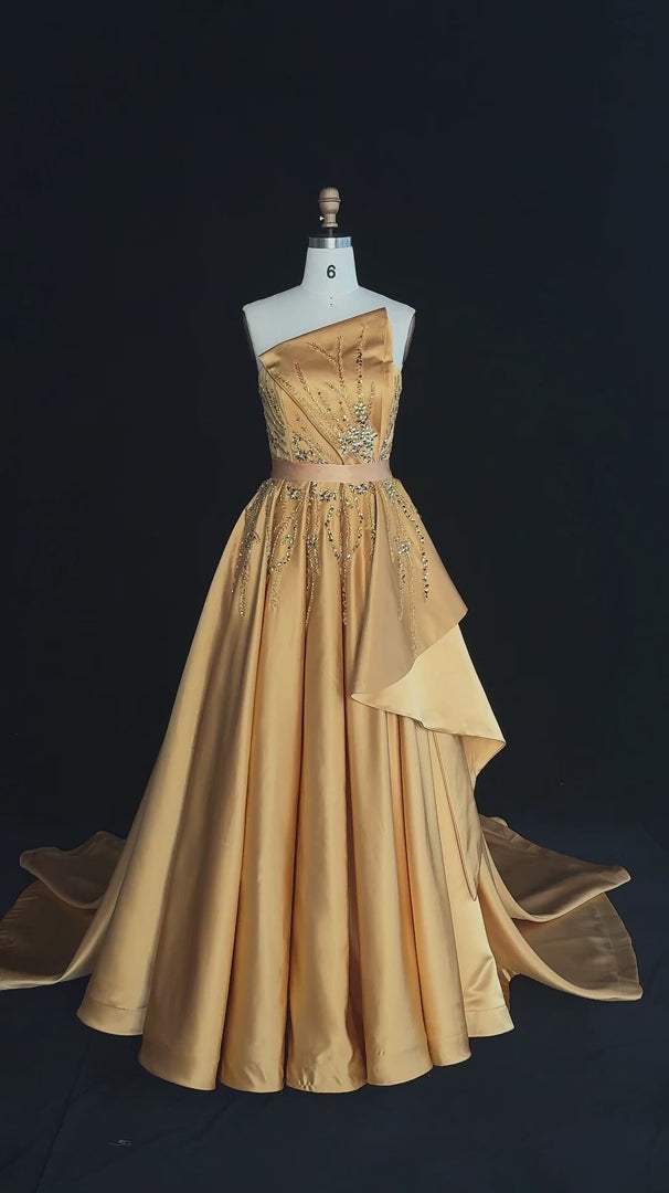 Gold One-Shoulder Beaded Satin Evening Gown with Train XD037