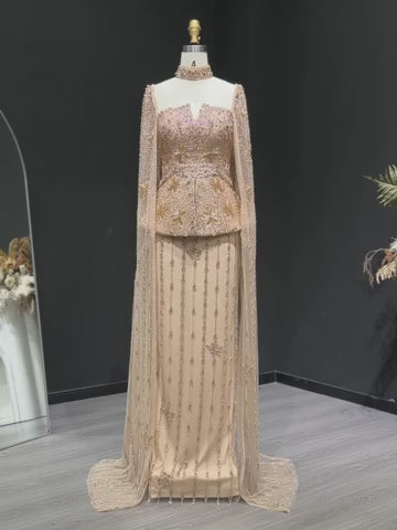 Luxury Silver Beaded Evening Gown with Cape Sleeve SS531