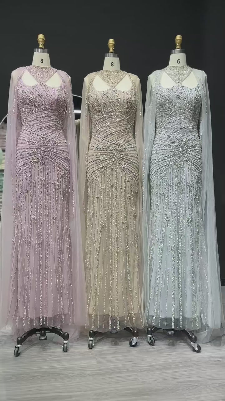 Elegant Beaded Mermaid Evening Dress with Cape Sleeves SS149