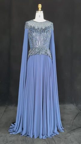 Elegant Crystal Beaded Evening Gown with Draped Sleeves SS104