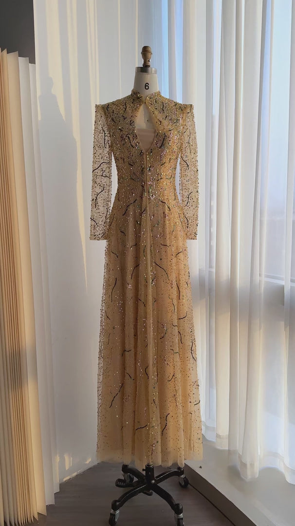 Luxury Gold High Neck Long Sleeve Beaded A-Line Evening Dress  XD020