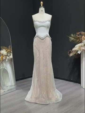 Luxury White Strapless Beaded Evening Dress Corset with Crystal Details SS790