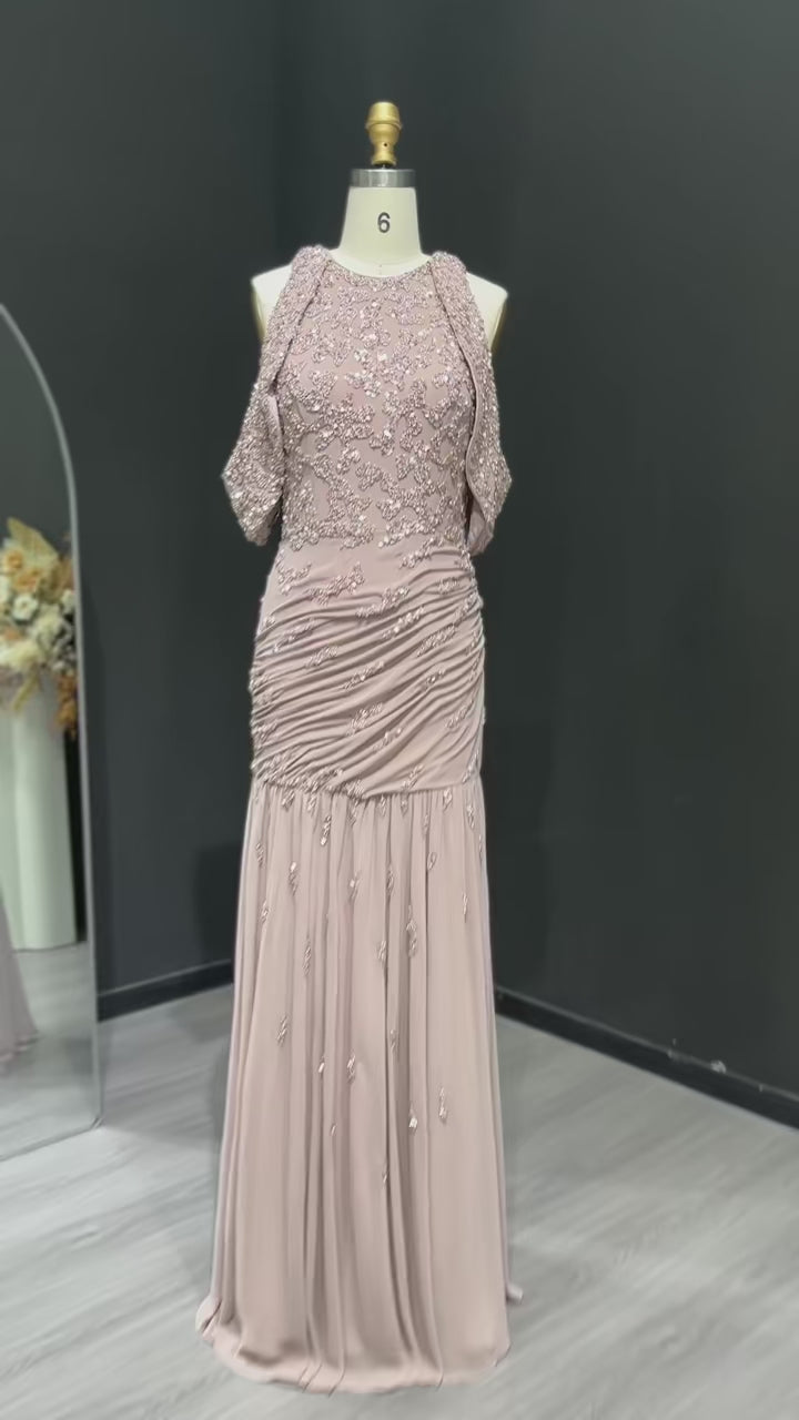 Luxury Mauve Off Shoulder Beaded Evening Dress SS559