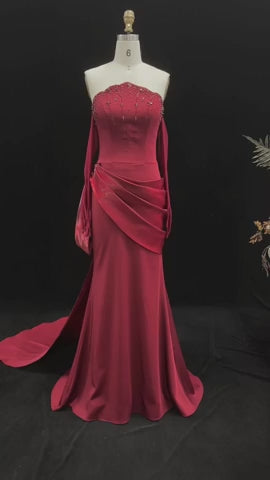 Luxury Wine Red Off-Shoulder Evening Gown with Long Train Beaded Bodice SS608
