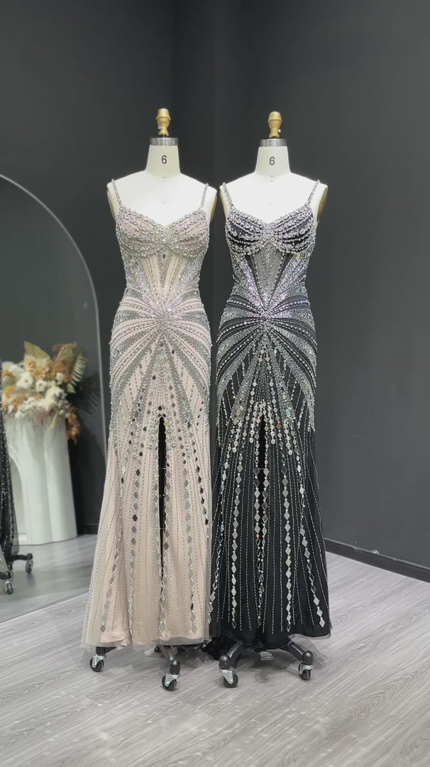 Elegant Beaded Evening Dress with Spaghetti Straps SS020