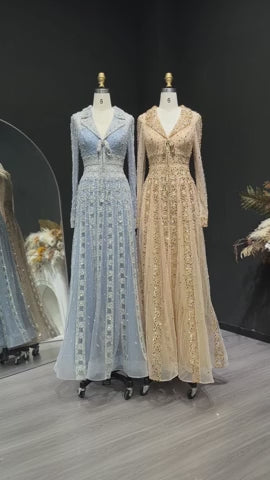 Luxury Champagne Gold Sequin Long Sleeve Evening Gown with Sheer Tulle Overlay SS149