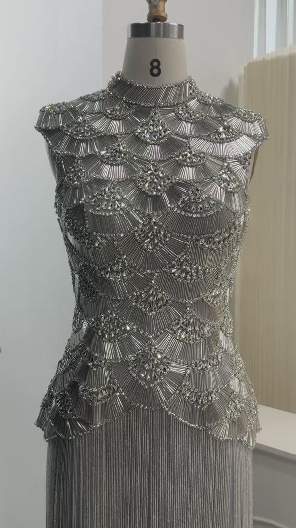 Dreamy Vow High Neck Beaded Fringe Column Evening Gown SS330