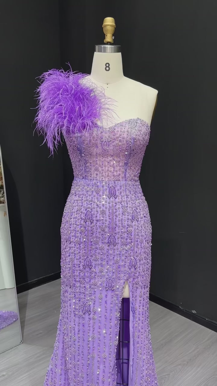 Glamorous Lilac Crystal Feather Evening Dress with High Slit SS114
