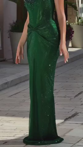 Elegant Green Beaded Sequin Evening Dress with Square Neck SS655