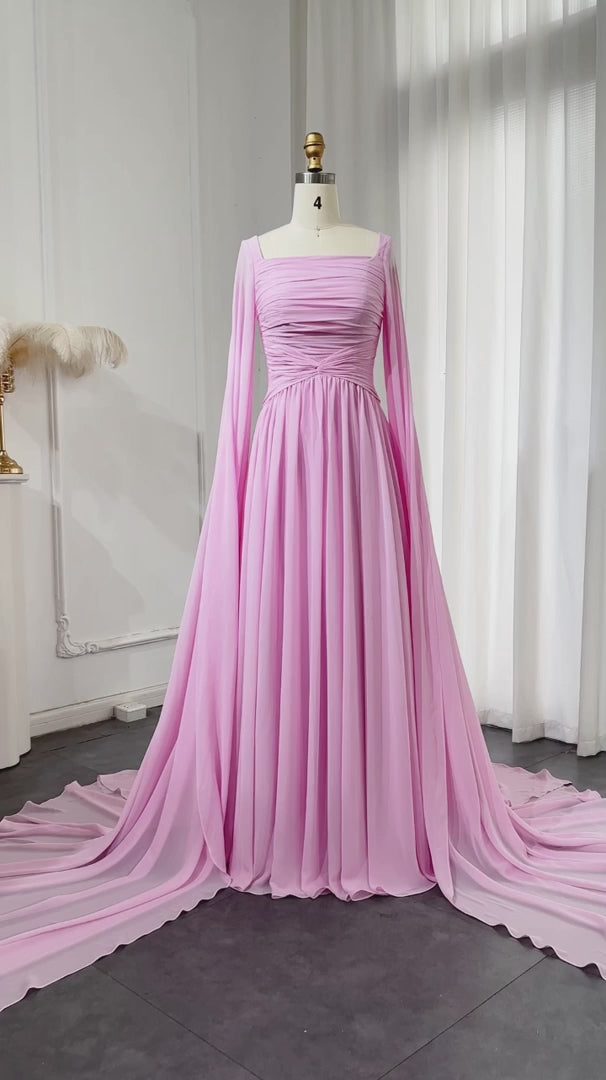 Elegant Red Chiffon Arabic Evening Dresses with Cape Sleeves SF032