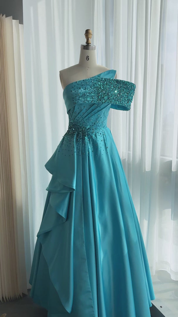 Blue One-Shoulder Beaded Satin A-Line Evening Gown XD043