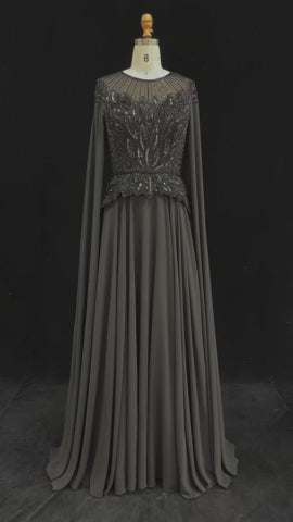 Elegant Crystal Beaded Evening Gown with Draped Sleeves SS104