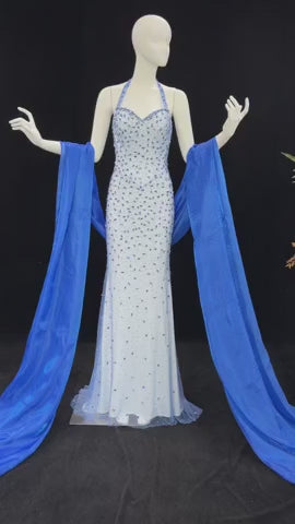 Elegant Blue Beaded Evening Dress with Spaghetti Straps SS715
