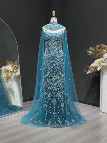 Luxury Teal High Neck Beaded Evening Gown with Sheer Long Sleeves Cape SS028