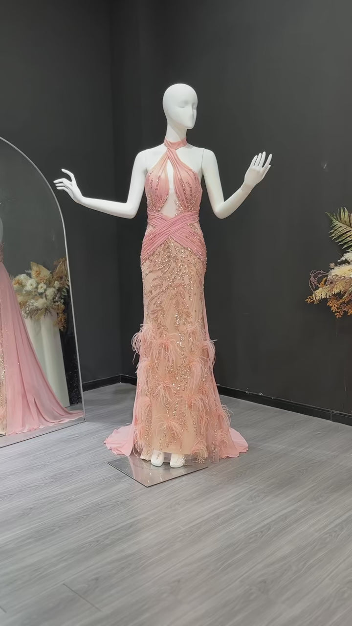 Elegant Feather Evening Dress with Sparkling Beads and Overskirt SS576
