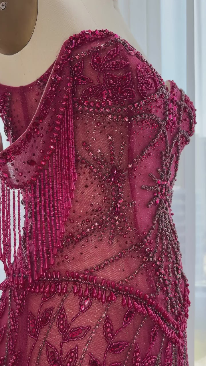 Luxury Fuchsia Off-Shoulder Beaded Tassel Mermaid Evening Dress SS516