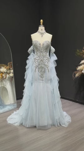 Luxury Blue Crystal Embellished Tulle Evening Dress with Ruffled Cape SS723