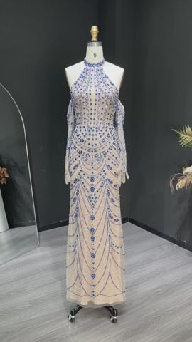Elegant Beaded Halter Evening Gown with Sleek Silhouette Open-Back Detail SS125