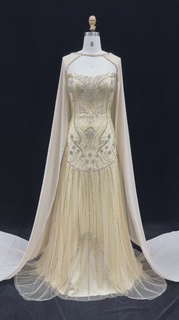 Dreamy Vow Yellow Crystal Beaded Cape Sleeve Mermaid Evening Gown SS526