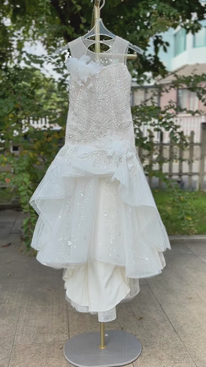 Luxury White Flower Girl Dress Mermaid with embroidery Birthday D137
