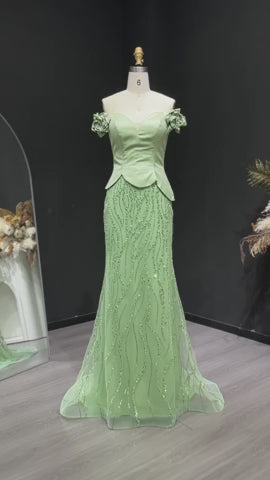 Elegant Green Off Shoulder Evening Dress with Beaded Sequin SS640