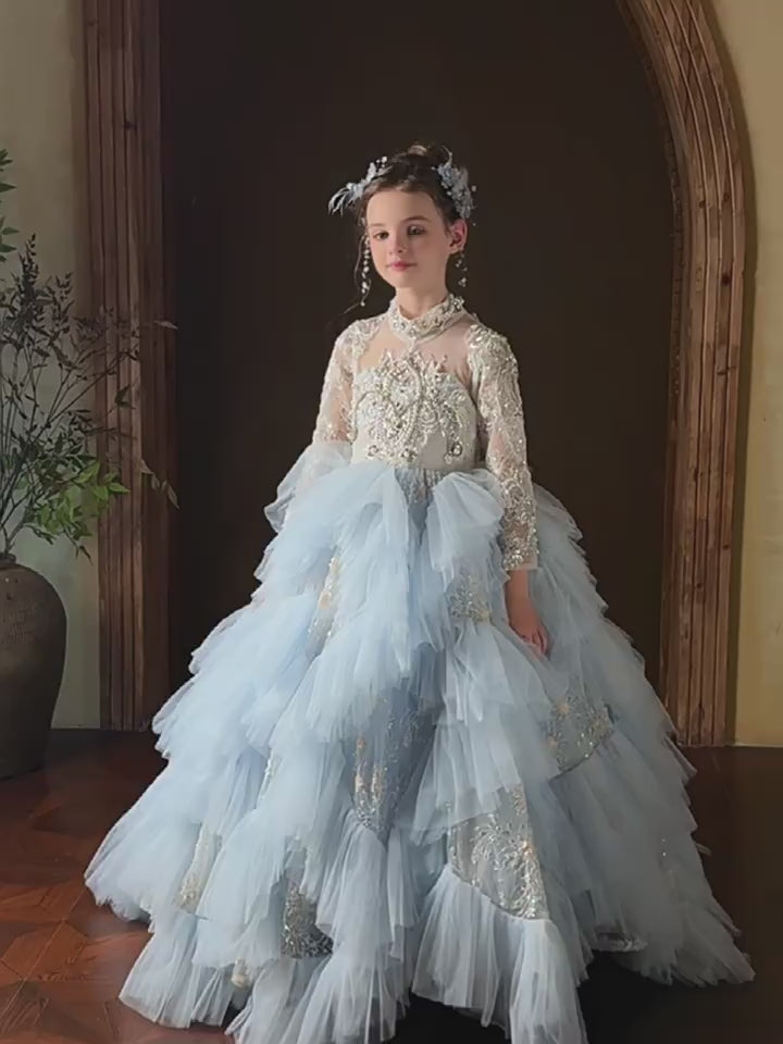 Luxury Blue Dubai Girl Dress Beaded Pearls Arabic Princess Kids J381