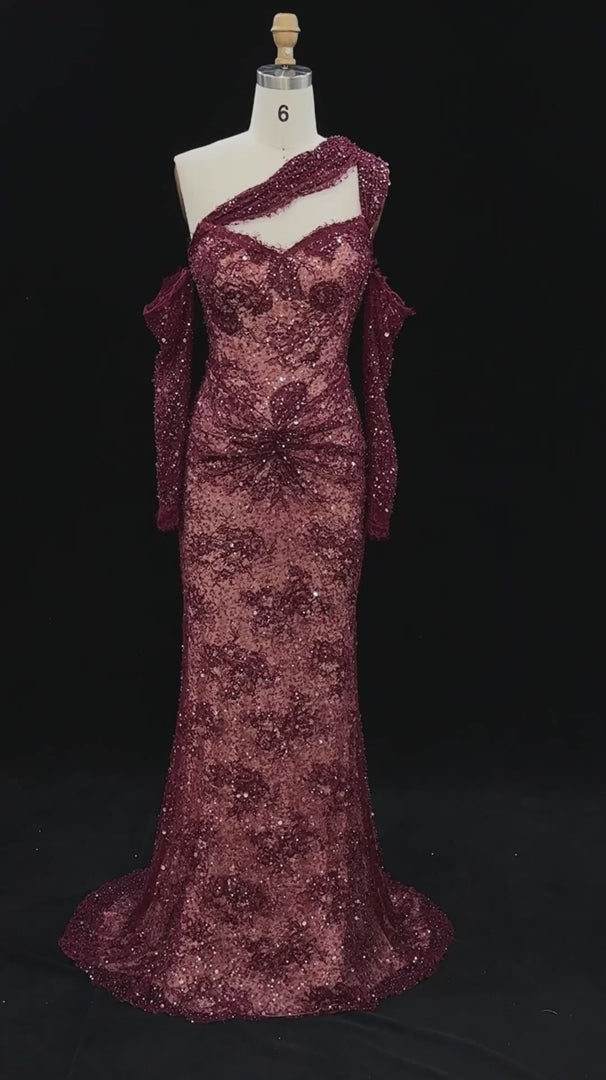 Dreamy Vow Wine Red Asymmetric Sequin Mermaid Evening Gown SS623